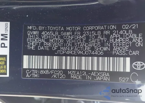 2021 Toyota Corolla Se from USA, damaged, VIN JTDP4MCE9MJ074406